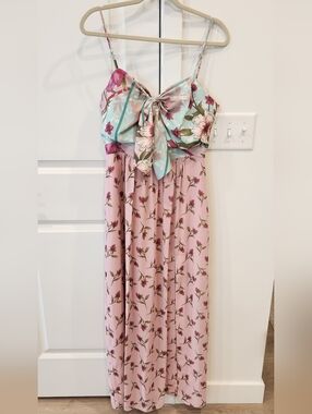 Badgley Mischka Pink Floral Maxi Dress with Mint Bow